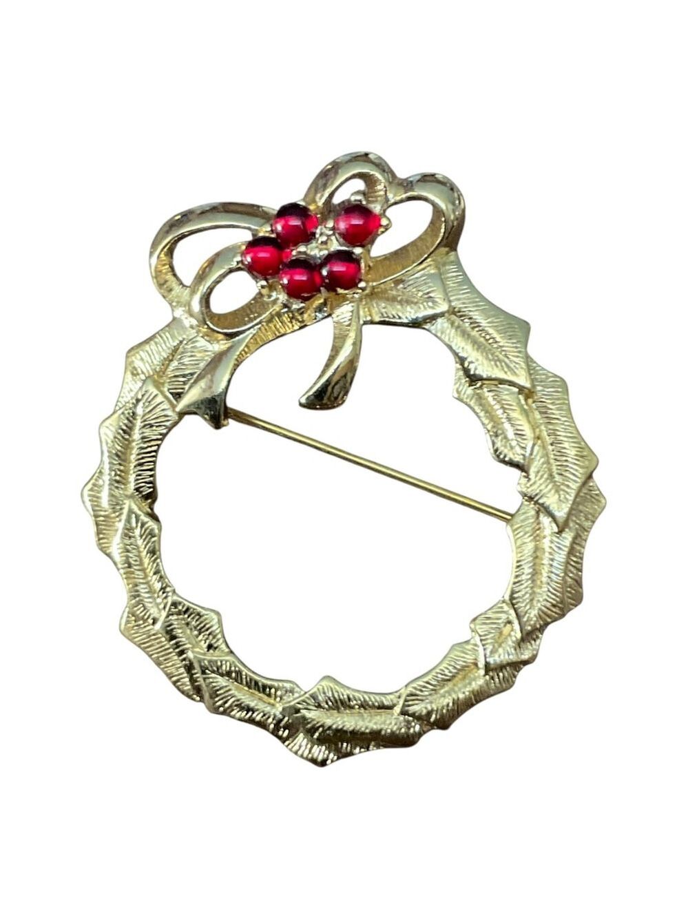 Monet Gold Tone Holiday Wreath Brooch Pin with Red Beads 2213